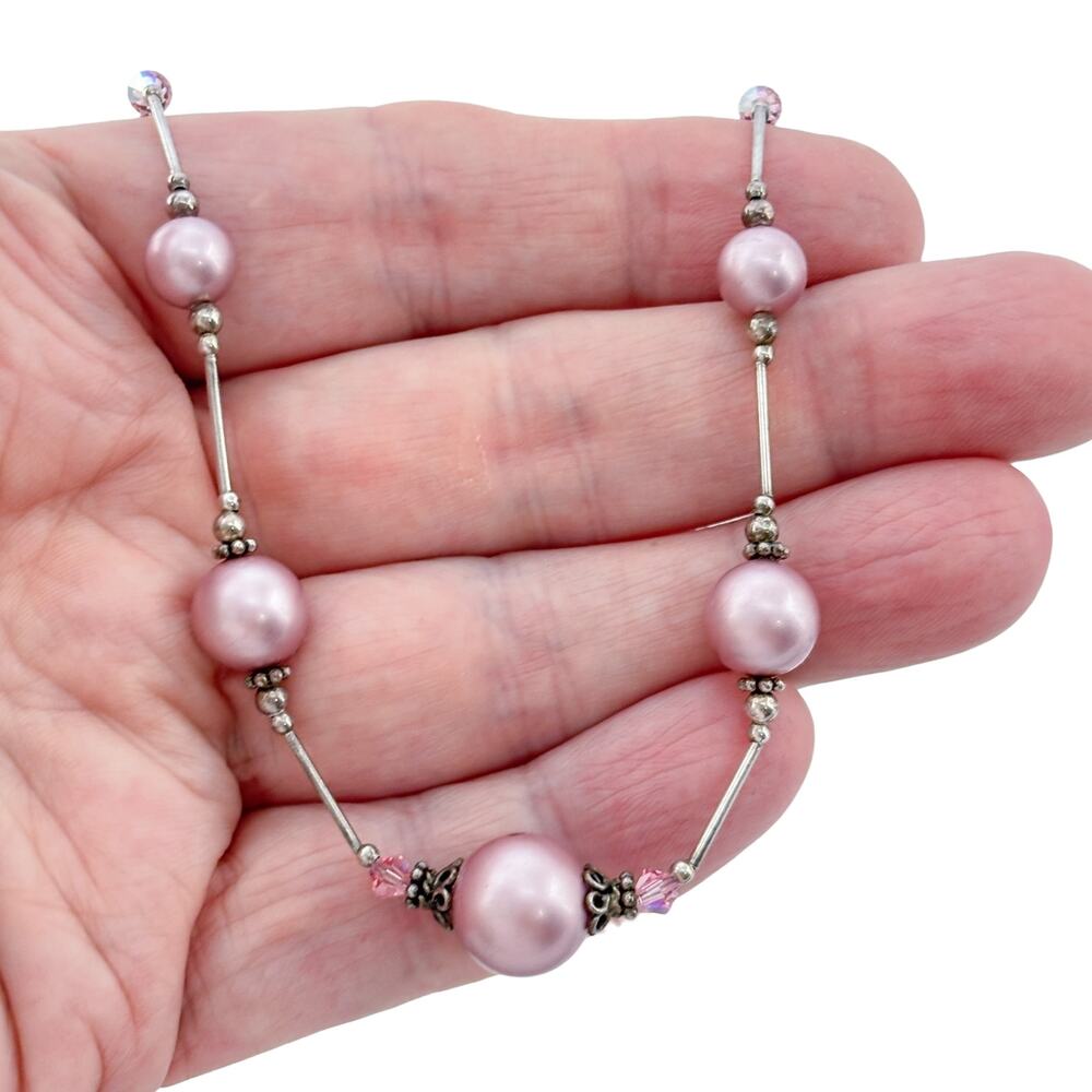 Vintage Sterling Silver 925 Imitation Pink Pearl Crystal Necklace 16"-19"